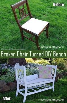 Way idea to repurpose broken chairs. Don't throw out the broken chair - use it! This is just awesome! Turn broken chairs into a bench - great way to reuse broken chairs!