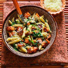 Easy Penne Pasta with Balsamic Sweet Potatoes, Baby Arugula (or Spinach), and Parmesan Recipe from @Kalyn's Kitchen
