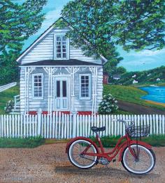 Print from Original Painting Door County Wisconsin Cottage with old red bike