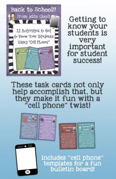 Beginning of the Year Activity Cards (12) to Get to Know Your Students – Get to know your students in a fun way, with "cell phones"!