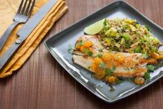 Kumquat-Lime Glazed Tilapia with Brussels Sprouts & Almond Freekeh
