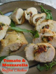 Tomato and Mozzarella Stuffed Chicken ~ Delicious stuffed Chicken, serve warm or cold - whole or sliced into wheels as mains, snacks or an appetizer #Chicken #StuffedChicken #Snacks www.WithABlast.net