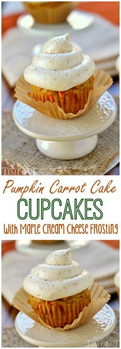 Pumpkin Carrot Cake Cupcakes with Maple Cream Cheese Frosting - the cupcakes you need to make this Fall! | MomOnTimeout.com | #dessert #recipe #pumpkin #maple #cupcakes