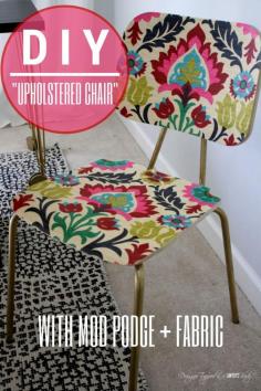 AWESOME!  "Upholster" a plain wood chair with fabric and Mod Podge!  Full tutorial by Designer Trapped in a Lawyer's Body for All Things Thrifty!