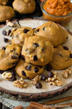 Soft Pumpkin Chocolate Chip Cookies - Lightly sweet pumpkin cookies full of chocolate chips and walnuts.  So good!