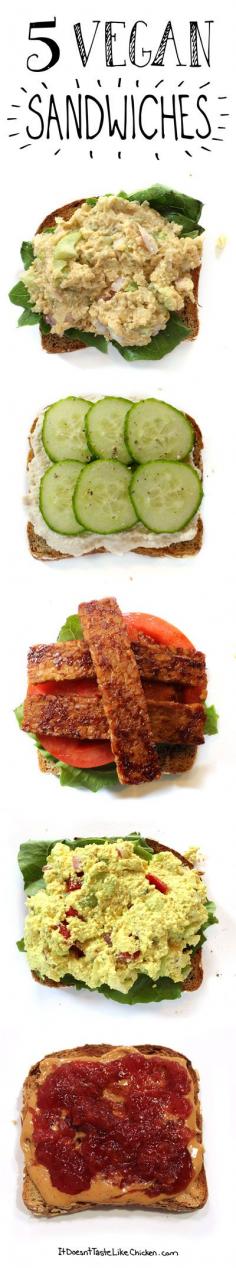5 Vegan Sandwiches!!! One for every day of the work or school week.