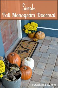 DIY fall monogram doormat that adds a touch of fall colors to your front door. My project is linked to 18 talented bloggers who showcase their talent fall decor! www.H2OBungalow.com