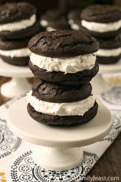 Seriously - the BEST Whoopie Pie recipe around!  Perfectly sweet with a rich chocolate cake and a creamy marshmallow filling.