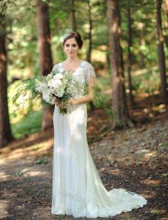 Jenny Packham wedding dress and STUNNING use of asparagus fern and green eyed garden roses. Pretty pretty!!! from Green wedding shoes