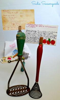 
                        
                            Don't you just love vintage cooking gadgets? And when you attached an old clothespin to one that stands up, it becomes a charming way to hold your cherished recipe cards! Easy upcycle from #sadieseasongoods
                        
                    
