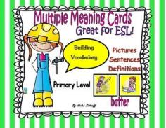 
                    
                        Here are the cards for you. Use these Multiple Meaning cards to expand vocabulary knowledge of everyday words.   Laminate the cards and you can use them over and over again. Copy the pages and make a book for your students.  Place the cards on a Word Wall.
                    
                