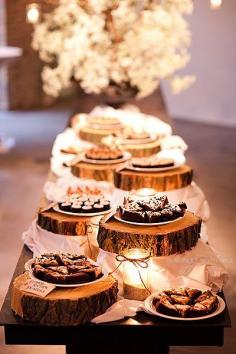 
                    
                        Great idea! Place the wedding reception food or desserts on cut out pieces of wood to add that rustic or country theme.
                    
                