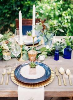 
                    
                        Love the blues, gold and greens in this place setting & table decor: www.stylemepretty... | Photography: Ashley Bosnick - ashleybosnick.com/
                    
                