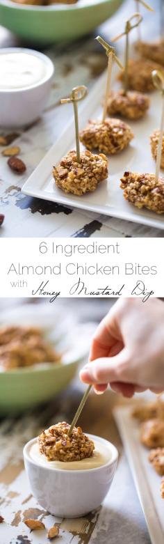 
                    
                        6 Ingredient Almond Chicken Bites with Honey Mustard Dip  - SO easy, crunchy and healthy! Using Greek Yogurt in the dip makes this a healthy appetizer! | Foodfaithfitness.com | #recipe
                    
                