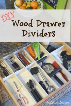 
                    
                        My DIY wood drawer dividers were so simple to make, look like expensive drawer organizers and keep everything so neat and tidy in my kitchen drawers. www.H2OBungalow.com
                    
                