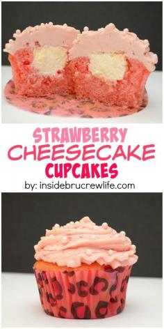 
                    
                        These easy strawberry cupcakes have a hidden no bake cheesecake filling and are topped with a strawberry frosting.
                    
                
