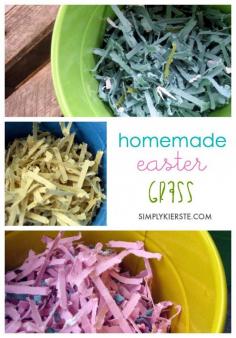 
                    
                        Homemade Easter grass is adorable, easy and quick to make, inexpensive, and can be made in any color you like!
                    
                