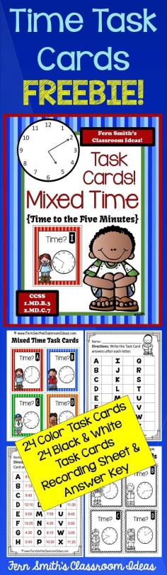 
                    
                        #FREE Mixed Time To the Five Minutes Task Cards, Includes: 24 color task cards, 24 black and white task cards, 1 recording sheet, 1 answer key #TPT #FREE
                    
                