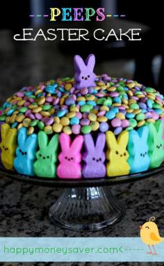 
                    
                        This Peeps Easter Cake is possibly the cutest Easter cake I have ever seen! Make a chocolate cake, cover the sides with peeps, and top with Easter m+m's!!! | Happymoneysaver.com
                    
                