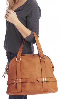 
                    
                        Camel bowler bag with detailed hardware, top handles and removable sholder strap
                    
                