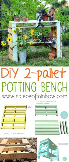 
                    
                        How to make a two pallet potting bench that is also a beautiful console table or craft desk! Easy and fun tutorial, just a little cutting and assembling!
                    
                