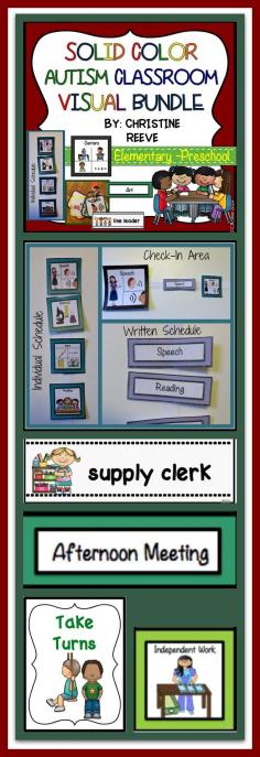 
                    
                        Solid Color Autism Preschool-Elementary Classroom Visual Bundle  This set of visual supports has what you need to set up your special education classroom for students with autism or other disabilities and make it visually attractive and bright with solid colors for students who need reduced distractions. Includes picture schedules, written schedules, visual cueing for receptive language, classroom rules, and classroom jobs all with single color frames accenting the visuals. $11
                    
                