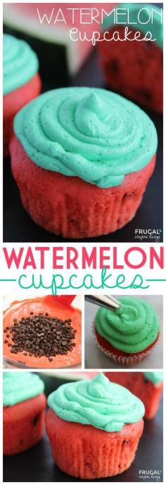 
                    
                        Watermelon Cupcakes Recipe, a perfect Kids Summer Snack with Chocolate Chips. Recipe on Frugal Coupon Living.
                    
                