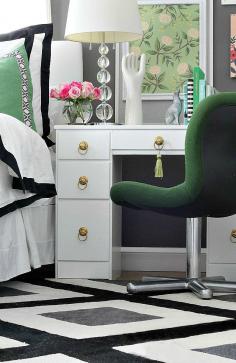 
                    
                        Bedroom makeover with green, black, white, gold, and pops of pink.
                    
                