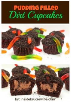 
                    
                        Pudding Filled Dirt Cupcakes - chocolate cupcakes with a pudding center, cookie crumbs, and gummy worms on top
                    
                