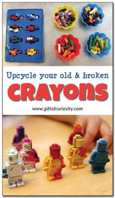 
                    
                        Upcycle your old and broken crayons! This is such a fun way to re-use worn down old crayons that kids don't want to color with anymore. || Gift of Curiosity
                    
                