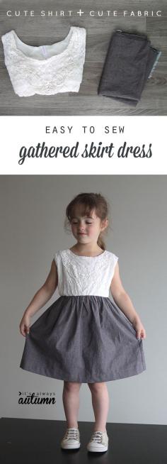 
                    
                        all you need is a cute tee and some fabric to make this super easy gathered skirt dress.
                    
                