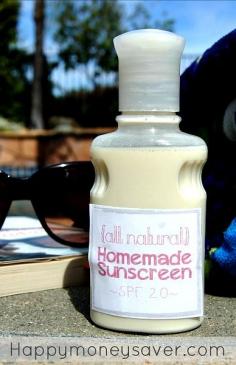 
                    
                        This homemade natural sunscreen is very easy to make! I have done a lot of research on DIY sunscreen and this recipe is the cheapest and works just as well as the name brand!- happymoneysaver.com
                    
                