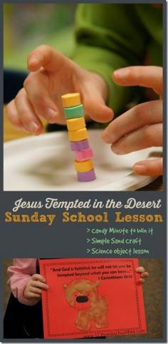 
                    
                        Jesus Tempted in the Desert - Sunday School Lessons for kids from Preschool-4th Grade!  Includes fun Candy Minute to Win it ideas, simple sand craft, science object lesson, and more!
                    
                