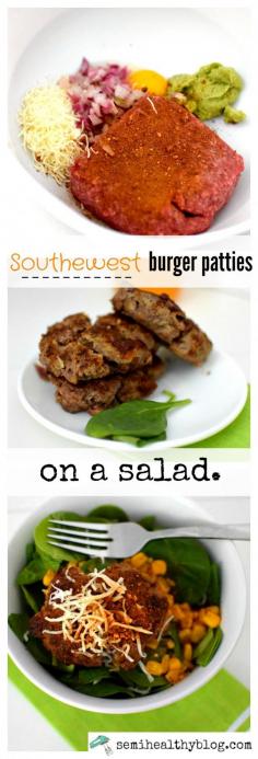 
                    
                        southwest burger patties on a salad for food prep via Diary of a Semi-Health Nut at semihealthyblog.com
                    
                