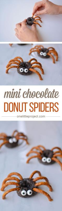 
                    
                        These mini chocolate donut spiders were so much fun, and SO EASY! They took less than 2 minutes to make, and looked so cute when they were finished!
                    
                