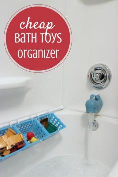 
                    
                        Are you looking for a way to organize all those bath toys?  Well, look no further!  All you need is a shower curtain rod, a few plastic bins and shower rings.  Within five minutes you have the best way to organize the bath toys so that your kids can find what they want to play with - and clean it up when they're done.
                    
                
