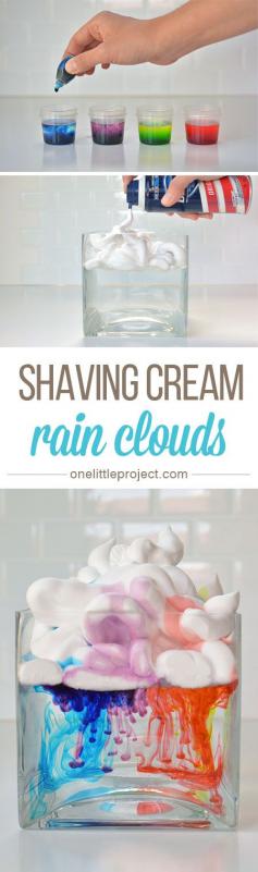 
                    
                        These shaving cream rain clouds were a fun, easy and beautiful activity to do with kids. Watch as the "rain" falls down from the clouds!
                    
                