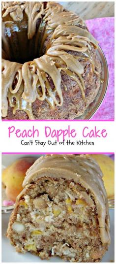 
                        
                            Peach Dapple Cake | Can't Stay Out of the Kitchen | This #cake is amazing. It's filled with #peaches #coconut and #macadamianuts and has a scrumptious brown sugar #caramel type glaze. #dessert
                        
                    