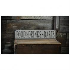 Distressed Food Drinks Darts Sign - Rustic Hand Made Vintage Wooden ENS1000679 16.5 x 72 Inches! Made from high-quality knotty pine. 100% USA Labor. Perfect gift for someone special on a special occasion. Most of our signs are designed to change a particular line or two of text so you can personalized it to you family name, business or your favorite destination, be it your home town, or the beach you travel to etc. If this sign needs any personalization please email me and let me know. Any significant changes in design will need to be quoted but text and colors can be changed. Also if you like this sign but need different colors please let me know and we will do our best to make it happen. Each sign is custom made for each individual customer's personal tastes. This is a one of a kind sign hand crafted in a small shop in Lizton, Indiana USA. We are offering this one of a kind item, so do not miss out on this great opportunity. If you have any questions please let me know. I have been making signs since 2003 and have sold to over 190 countries. Our signs are great for beach houses, cabins, lodges, rustic settings, barns, farms, homes, primitive decor, beach decor, den, office, basement, garage, hunting retreat, retail shop, restaurant, cottage, lake house, condo. well we can make you one for just about any location you can think of. Looking for a custom sign? Please contact us for a special concept just for you. We also offer a large variety of colors as well so if you would like this sign in another color combination please just let us know. The best way to do this is for you to browse through our signs that we have made and then let us know the colors you like on them. Colors may vary slightly from one computer screen to the next but the image should be very close.