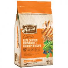 Merrick Classic Real Chicken Dry Dog Food Merrick Dog food is committed to offering food that is whole health made right. The ingredients in every formula are regional and farm fresh, coming from local growers. Each recipe is made with real whole foods, which means it contains no fillers, by-products or artificial preservatives. High in quality proteins, Merrick offers balanced nutrition that you can feel great about feeding to your dog. Merrick Classic Real Chicken dry food contains real chicken as the #1 ingredient. This animal-based protein contains all the essentials that dogs need and provides higher digestibility than plant proteins. Omega-3 and -6 provide a healthy source of energy as well as promote skin and coat health. Fruits, vegetables and whole grains are added to give benenficial vitamins, minerals and antioxidants, ehancing overall nutrition and immune system function. Features: For adult dogs of all breeds High-quality chicken is the #1 ingredient Fatty acids for skin and coat health Supports immune system function Contains no by-products or artificial preservatives Free of corn, wheat, soy and gluten Made in the USA Item Specifications: Flavor: Chicken, Brown Rice and Green Pea Guaranteed Analysis: Crude Protein: min 30.0% Crude Fat: min 15.0% Crude Fiber: max 3.5% Moisture: max 11.0% Omega-6 fatty acid: min 4.8% Omega-3 fatty acid: min 0.40% Glucosamine Hydrochloride: min 1200 mg/kg Chondroitin Sulfate: min 1200 mg/kg Calories: 3,638 kcal/kg, 440 kcal/cup ME Ingredients: Deboned Chicken, Chicken Meal, Turkey Meal, Brown Rice, Peas, Barley, Sweet Potato, Chicken Fat (preserved with natural mixed tocopherols), Salmon Meal (source of Omega 3 fatty acids), Oats, Natural Chicken Flavor, Carrots, Apples, Blueberries, Organic Alfalfa, Minerals (Salt, Dicalcium Phosphate, Calcium Carbonate, Zinc Amino Acid Complex, Zinc Sulfate, Iron Amino Acid Complex, Manganese Amino Acid Complex, Copper Amino Acid Complex, Potassium Iodide, Cobalt Amino Acid Complex, Sodium Selenite), Vitamins (Choline Chloride, Vitamin E Supplement, Vitamin A Supplement, Vitamin B12 Supplement, d-Calcium Pantothenate, Vitamin D3, Niacin, Riboflavin Supplement, Biotin, Pyridoxine Hydrochloride, Folic Acid, Thiamine Mononitrate), Yucca Schidigera Extract, Dried Lactobacillus plantarum fermentation product, Dried Lactobacillus casei fermentation product, Dried Enterococcus faecium fermentation product, Dried Lactobacillus acidophilus fermentation product, Rosemary Extract