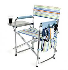 Aluminum chair with fold out table, insulated drink holder and side pockets Color: St. Tropez Collection Dimensions: 20L x 6.25W x 33.25H The Sports Chair - St. Tropez by Picnic Time is the ultimate spectator chair! It's a lightweight, portable folding chair with a sturdy aluminum frame that has an adjustable shoulder strap for easy carrying. If you prefer not to use the shoulder strap, the chair also has two sturdy webbing handles that come into view when the chair is folded. The extra-wide seat (19.5") is made of durable 600D polyester with padding for extra comfort. The armrests are also padded for optimal comfort. On the side of the chair is a 600D polyester accessories panel that includes a variety of pockets to hold such items as your cell phone, sunglasses, magazines, or a scorekeeper's pad. It also includes an insulated bottled beverage pouch and a zippered security pocket to keep valuables out of plain view. A convenient side table folds out to hold food or drinks (up to 10 lbs.). Maximum weight capacity for the chair is 300 lbs. The Sports Chair - St. Tropez makes a perfect gift for those who enjoy spectator sports, RVing, and camping.