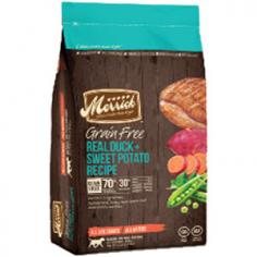 Merrick Grain Free Real Duck Dry Dog Food Merrick Dog food is committed to offering food that is whole health made right. The ingredients in every formula are regional and farm fresh, coming from local growers. Each recipe is made with real whole foods, which means it contains no fillers, by-products or artificial preservatives. Merrick Grain Free is free of corn, wheat, soy, gluten and GMO. High in quality proteins, Merrick offers balanced nutrition that you can feel great about feeding to your dog. Merrick Grain Free Real Duck dry food contains real duck as the #1 ingredient. This animal-based protein contains all the essentials that dogs need and provides higher digestibility than plant proteins. Omega-3 and -6 provide a healthy source of energy as well as promote skin and coat health. Fruits, vegetables and whole grains are added to give benenficial vitamins, minerals and antioxidants, enhancing overall nutrition and immune system function. Features: For dogs of all life stages, all breeds High-quality duck is the #1 ingredient Fatty acids for skin and coat health Supports immune system function Contains no by-products or artificial preservatives Free of corn, wheat, soy and gluten Made in the USA Item Specifications: Flavor: Duck and Sweet Potato Guaranteed Analysis: Crude Protein: min 38.0% Crude Fat: min 17.0% Crude Fiber: max 3.5% Moisture: max 11.0% Omega-6 fatty acid: min 4.5% Omega-3 fatty acid: min 0.40% Glucosamine Hydrochloride: min 1200 mg/kg Chondroitin Sulfate: min 1200 mg/kg Calories: 3,740 kcal/kg, 460 kcal/cup ME Ingredients: Deboned Duck, Turkey Meal, Salmon Meal (source of Omega 3 fatty acids), Sweet Potato, Peas, Lamb Meal, Potato, Duck Fat (preserved with natural mixed tocopherols), Pea Protein, Natural Flavor, Apples, Blueberries, Organic Alfalfa, Salmon Oil, Minerals (Salt, Zinc Amino Acid Complex, Zinc Sulfate, Iron Amino Acid Complex, Manganese Amino Acid Complex, Copper Amino Acid Complex, Potassium Iodide, Cobalt Amino Acid Complex, Sodium Selenite), Vitamins (Choline Chloride, Vitamin E Supplement, Vitamin A Supplement, Vitamin B12 Supplement, d-Calcium Pantothenate, Vitamin D3, Niacin, Riboflavin Supplement, Biotin, Pyridoxine Hydrochloride, Folic Acid, Thiamine Mononitrate), Yucca Schidigera Extract, Dried Lactobacillus plantarum fermentation product, Dried Lactobacillus casei fermentation product, Dried Enterococcus faecium fermentation product, Dried Lactobacillus acidophilus fermentation product, Rosemary Extract