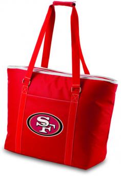 San Francisco 49ers waterproof picnic tote. This 49ers cooler tote wasn't designed solely as a beach bag, but if a beach bag is what you're looking for, this one won't disappoint! Measuring 23" (L) x 8.25" (W) x 17" (H), this extra large tote has almost 1 cubic feet of interior storage space, enough to hold 48 12-oz. cans! Fully-insulated to keep your food and drinks cold, this bag also has a heat-sealed, water-resistant interior liner which is perfect for transporting wet pool towels, swim suits or the like. A larger zipper pocket on the exterior of the tote lets you keep other personal effects within easy reach. All licensed products have been approved by the team; however, Picnic Time is considered a designer line. The product color may not be an exact match to the team color. The Tahoe may be just the family-sized beach style tote you've been wishing you had.