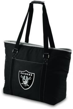 Oakland Raiders waterproof picnic tote. This Raiders cooler tote wasn't designed solely as a beach bag, but if a beach bag is what you're looking for, this one won't disappoint! Measuring 23" (L) x 8.25" (W) x 17" (H), this extra large tote has almost 1 cubic feet of interior storage space, enough to hold 48 12-oz. cans! Fully-insulated to keep your food and drinks cold, this bag also has a heat-sealed, water-resistant interior liner which is perfect for transporting wet pool towels, swim suits or the like. A larger zipper pocket on the exterior of the tote lets you keep other personal effects within easy reach. All licensed products have been approved by the team; however, Picnic Time is considered a designer line. The product color may not be an exact match to the team color. The Tahoe may be just the family-sized beach style tote you've been wishing you had.