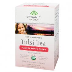 Herbal Supplement. USDA organic. Contains caffeine. Certified organic. A flavorful blend of Tulsi, green tea & pomegranate. Tulsi Tea is abundant in antioxidants. Stress relieving & energizing. At the heart of Organic India is our commitment to be a living embodiment of love and consciousness in action. We have trained thousands of small family farmers in India to cultivate tens of thousands of acres of sustainable, organic farmland. All our products promote genuine wellness and are made with love. This product you hold in your hands is one link in a chain of love, respect and connectedness between our farmers and you. By choosing Organic India you are joining this chain, which provides training and a living wage to the farmers, creates a sustainable environment, and brings happiness and well-being to you. Treat your taste buds to the bright burst of berry and pomegranate, infused with green tea, tempered with the elegance of citrus and the spice of Tulsi. A tango of healthy antioxidants and flavor! About Tulsi Tea: Throughout India, Tulsi is revered as a sacred plant infused with healing powers, and is lovingly called the Queen of Herbs. Traditionally grown in an earthen pot in every home, Tulsi (also known as Holy Basil) makes a delicious and energizing herbal tea. Tulsi is an adaptogenic herb which helps your body relieve the negative effects of stress. Repeatedly noted for 5,000 years throughout sacred Indian scriptures, Tulsi's remarkable life-enhancing qualities are now here for you to fully enjoy. Namaste! Certified Organic by: ECOCERT. Individually wrapped for freshness. (These statements have not been evaluated by the FDA. This product is not intended to diagnose, treat, cure, or prevent any disease.) Manufactured in India.