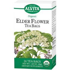 Elder Flower Tea Organic 24 Bag Elder Flower Native to parts of Europe and North America, the elder tree (Sambucus nigra) is easily recognized by its delicate clusters of cream-colored flowers. In many ancient traditions, elder was planted for good luck. Among herbalists, elder flowers are well known for their longstanding traditional use to help support respiratory health. Alvita Elder Flower Tea is made with premium-quality, organic elder flowers, and possesses a delicate floral aroma and pleasantly mild flavor. Natural Herb Teas That Are Good For You And The Environment Caffeine Free Gluten Free USDA Organic Supplement Facts Serving Size: 1 Tea BagServings Per Container: 24 Amount Per Serving % Daily Value Organic European Elder (flowers)2 g* *Daily Value Not Established Percent Daily Values are based on a 2,000 calorie diet Warnings: Keep out of reach of children. As with all dietary supplements, consult your healthcare professional before use. See product label for more information. If you are pregnant or nursing, taking any medication or have any medical condition, consult a health care professional before use.