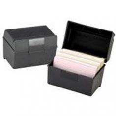 This black index card file stores and organizes cards, plus holds cards upright for hands-free viewing with a special groove in top of lid. The stepped floor design allows easy access to cards (sold separately) in back. Card Holder Type: Index Card File Box With Flip Top; Global Product Type: Card Holders; Number of Compartments: N/A; Card Capacity: 300.