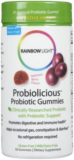 Restore natural digestive balance and support immune health with Rainbow Light Probiolicious Gummies Cranberry flavor. Rainbow Light Probiolicious Gummies Cranberry flavor is 100% viable, with a naturally occurring protective microencapsulation system which ensures survival to the intestines. 1 Billion CFU Bio-Active Probiotic Defense per serving of Rainbow Light Probiolicious Gummies Cranberry. Lactobacillus sporogenes is a multi-function probiotic strain with a naturally occurring protective microencapsulation system which ensures survival to the intestines where it helps restore natural digestive balance, and may help immune health. No refrigeration required. Prebiotics from inulin and fructooligosaccharides (FOS), promotes probiotic colonization - growth of "healthy" bacteria in the small and large intestine to aid in normal digestion. Delicious and appropriate for ages 4 and above. Sweetened with natural cranberry flavor and only 1g of sugar per serving, no preservatives or artificial color. Natural - Free of artificial colors, flavors, sweeteners, preservatives, and other objectionable additives often found in vitamin products. Contains no sugar or lactose. Gummy Probiotic. 1 Billion CFU Bio-Active Probiotic Defense per Serving. Ages 4 and Above. Supports Digestion and Immune Health. Serving Size: 2 Gummies. Servings Per Container: 25. Potency: 1 Billion. Flavor: Natural Cranberry. Dietary Needs: Dairy Free, Egg Free, Fish Free, Free of Artificial Flavors, Gluten Free, Shellfish Free, Soy Free, Treenut Free, Yeast Free. Directions: For children ages 4-12 chew one gummy daily. Ages 13 and older chew 2 gummies daily. Store in a cool dry place, away from heat and direct sunlight. Warnings: Keep out of reach of children. IngredientsL: Lactobacillus sporogenes. mouse over product image above for a full list of ingredients. Other Ingredients: Fructooligosaccharides (FOS), water, xylitol, Inulin, cane sugar, gelatin, citric acid, lactic acid, natural glazing agent(vegetable oil, beeswax), natural colors (black carrot), natural flavors (cranberry).