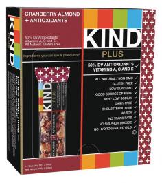 Kind Bar - Plus Antioxidants Nutrition Bar Cranberry & Almond - 1.4 oz. (40 g) KIND Plus Antioxidants is made with wholesome ingredients, combining enhanced nutrition with a delicious flavor. Antioxidants such as Vitamins A, C, and E fight free radicals, helping to maintain the immune system and healthy skin. With every purchase of KIND, 5% of profits go to the PeaceWorks Foundation's award-winning programs to foster coexistence in the world. Eat Two KIND Bars a Day, Keep the Pounds Away! An independent study by Dr. David Katz at the Yale-Griffin Prevention Research Center indicates that adding two KIND Fruit & Nut bars per day to your diet may help control your weight. That's right! Snacking on nutritious KIND Fruit & Bars is deliciously satisfying and may help keep your from consuming empty calories. KIND Bars Product-Related Questions Are KIND Healthy Snacks gluten-free KIND's products are tested for gluten and meet FDA's proposed requirement of 20ppm (0.002%) of gluten. Their manufacturing plant is dedicated gluten free and has a strict allergen control program. Do KIND products contain Sulphur Dioxide KIND products do NOT contain Sulphur dioxide. Do KIND products contain Sorbitol KIND products do not contain Sorbitol. What is soluble dietary fiber Soluble dietary fiber is made from corn and is a source of fiber. Fiber is good for digestive health. Soluble fiber is good for heart health by lowering cholesterol. It is also good for diabetics because it lowers the blood sugar, and helps to curb hunger and feel satiety. What is Maize KIND uses soluble dietary fiber from corn (aka maize). Do KIND Healthy Snacks contain beet sugar No, they do not contain beet sugar. Are any of KIND's products sweetened with agave None of their products are sweetened with agave. Do KIND Snacks contain any grains At this time, KIND only uses gluten-free crisp rice in their products.