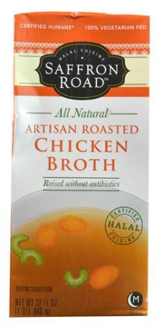 All natural. Raised without antibiotics. Certified Halal cuisine. Infanca certified. Certified humane. 100% vegetarian fed. Halal cuisine. Saffron Road celebrates the memorable meals and mutual values families and friends of all cultures share around the dinner table. In this tradition, we invite you to enjoy Saffron Road's all natural Halal certified Artisan Roasted Chicken Broth. We know that great food begins at the farm, so we source our ingredients from only the finest producers available, and buy from small sustainably run farms. All of our chicken products are certified humane and raised with 100% vegetarian feed and are never given antibiotics. Our Halal tradition demands their proper care and welfare. Halal is a tradition that has nourished billions of people over the last 1,400 years. Halal promotes the sacred practices of respect for the land, fair treatment for farmers, humane treatment of livestock and clean, wholesome food to eat. You'll be amazed how good such carefully prepared food tastes and how it genuinely replenishes the body and soul! Low fat. No glutens. No MSG. Certified Halal by Ifanca. Certified humane by Humane Farm Animal Care. Made from hand-picked ingredients in the chefs' tradition of kettle cooking, our Artisan Roasted Chicken Broth boasts three times the protein of other natural chicken broths and can promote good digestion, strong joints and respiratory health. The delicious flavor of Roasted Chicken, coupled with subtle nuances of roasted root vegetables, bay leaf and thyme offers a truly culinary experience that can be the start of many cooking journeys. Shake well. Refrigerate after opening. Use within 7 days. Reseal and refrigerate after opening and use within 7 days. Ready to use. Just heat and serve. Do not microwave in carton. Chicken Stock, Carrot Stock, Onion Stock, Celery Stock, Sea Salt, Chicken Fat, Toasted Onion Powder, Natural Flavor, Spices.